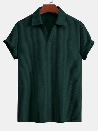 Textured V-Neck Polo & Trousers Set