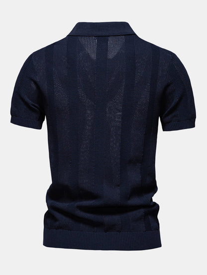 Striped Hollow Knit V-Neck Polo