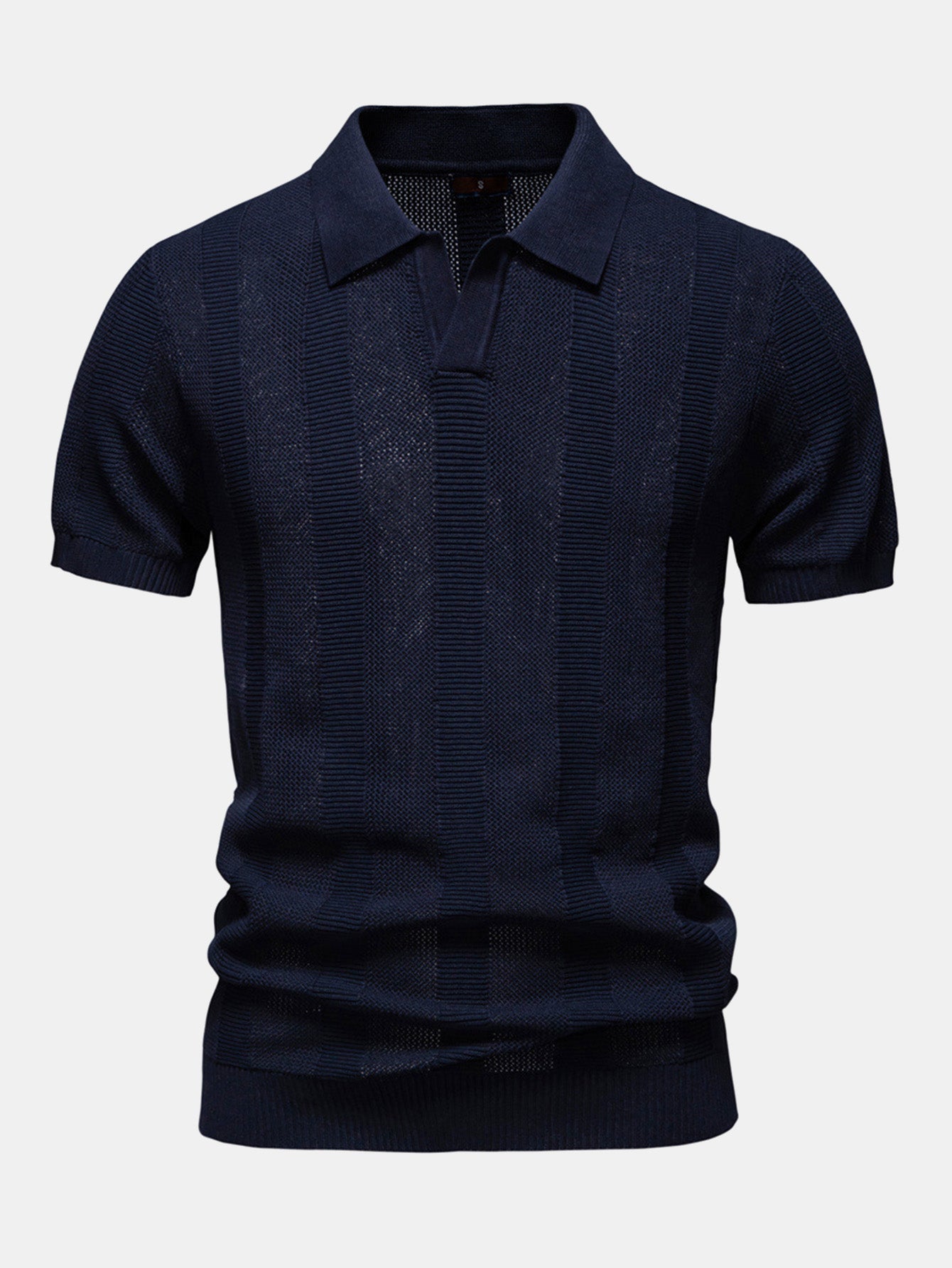 Striped Hollow Knit V-Neck Polo