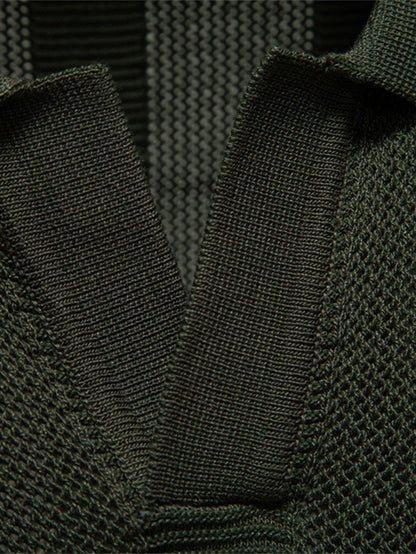 Striped Hollow Knit V-Neck Polo